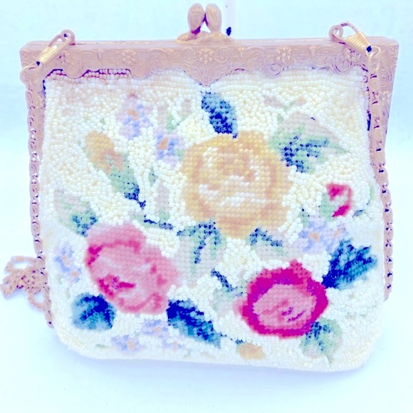 Vintage Ivory Seed Bead Beaded Evening Bag Beautiful Floral Design Newport News - Picture 13 of 13